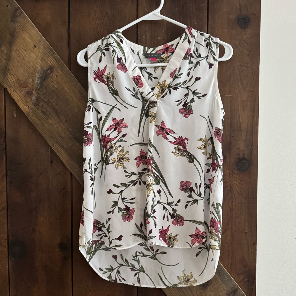 Vince Camuto Floral V-Neck Blouse - White, Pink, and Green